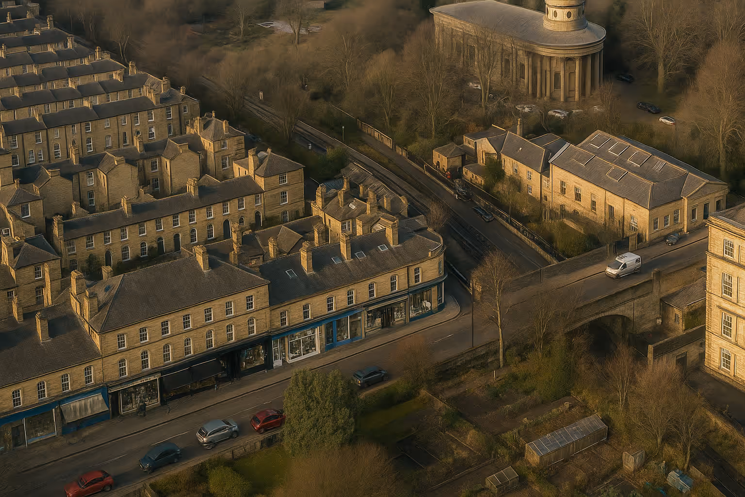 Aerial view of Saltaire: Victoria Road, terraces, church and allotments at golden hour.