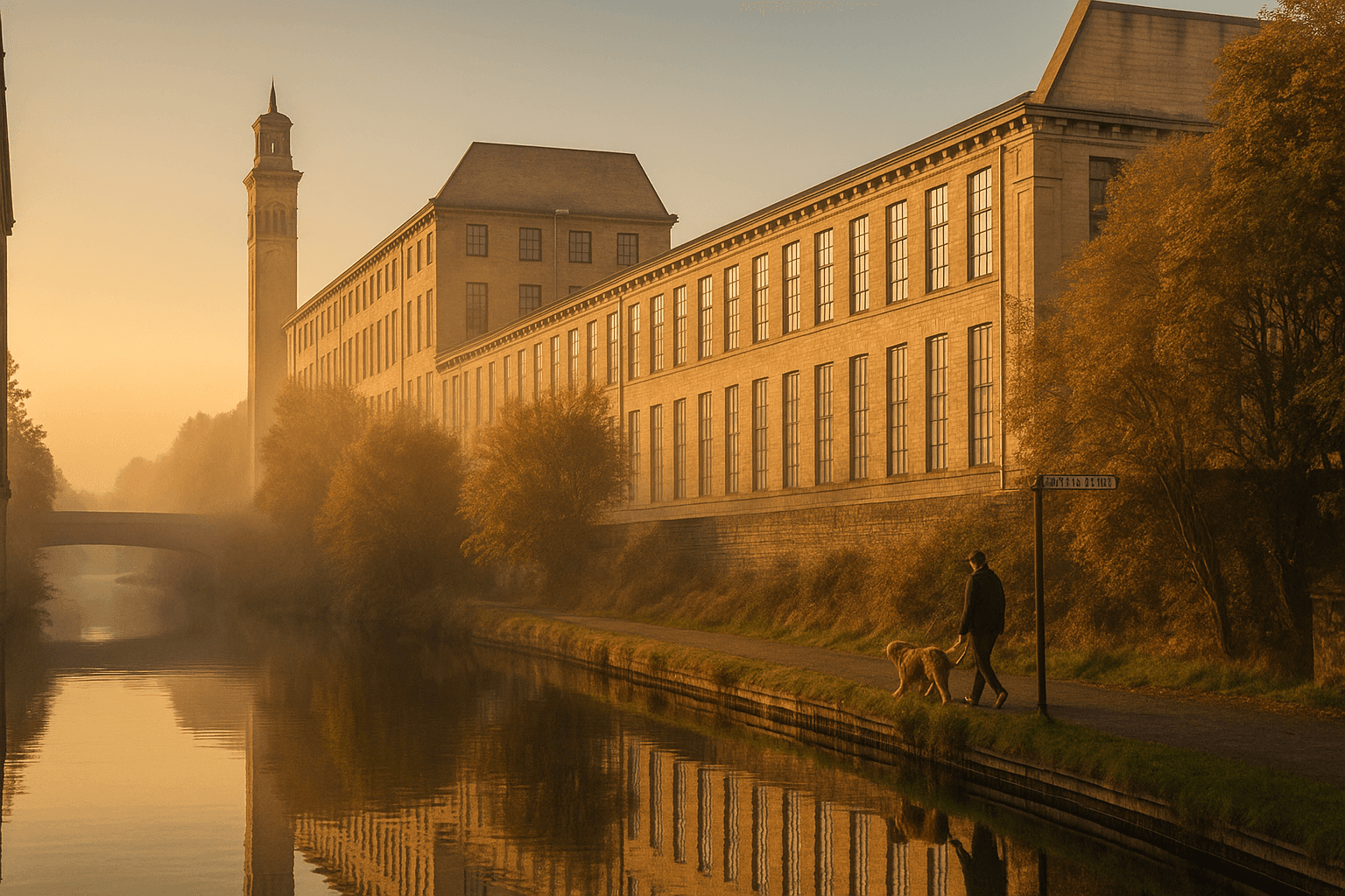 Salts Mill façade at golden hour