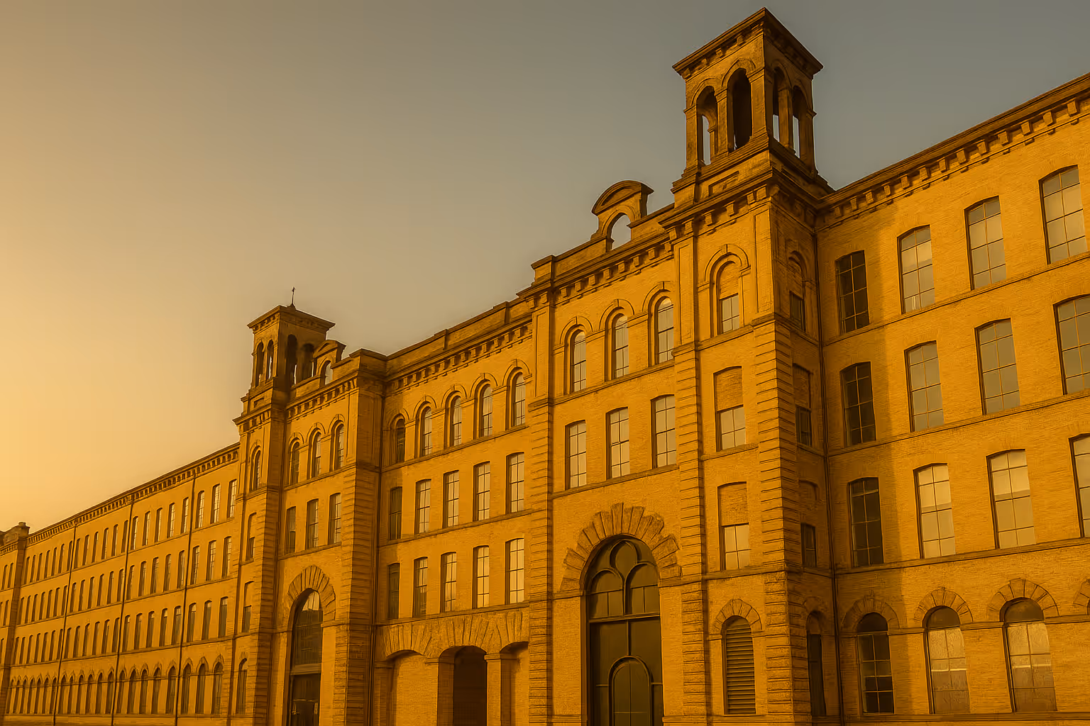 Salts Mill façade at golden hour, Saltaire — warm sandstone with clear sky