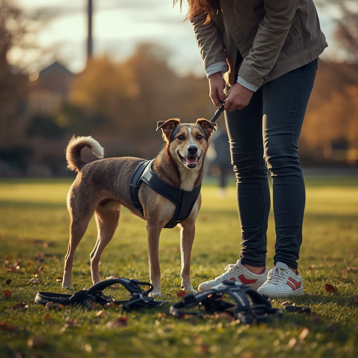 Various dog harnesses laid out with measuring tape and happy dog wearing properly fitted harness