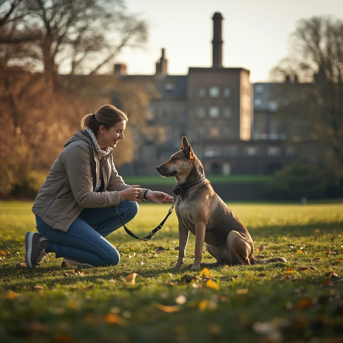 Happy golden retriever running towards owner in Roberts Park with Saltaire in background