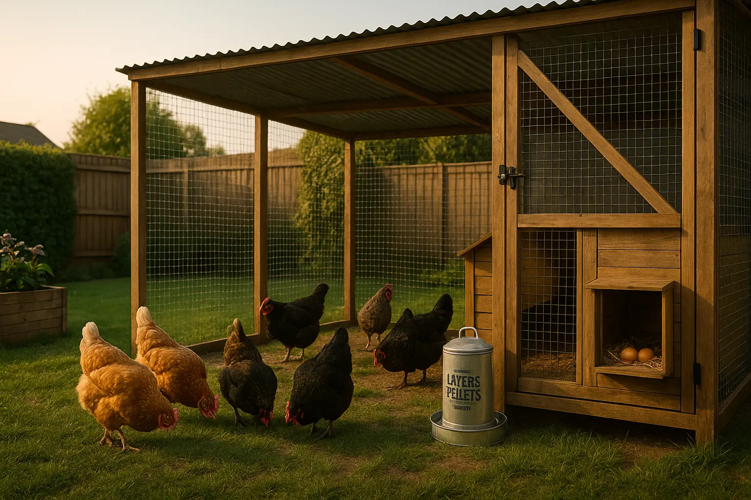 Secure UK walk-in chicken run with calm hens, clean waterer and feeder