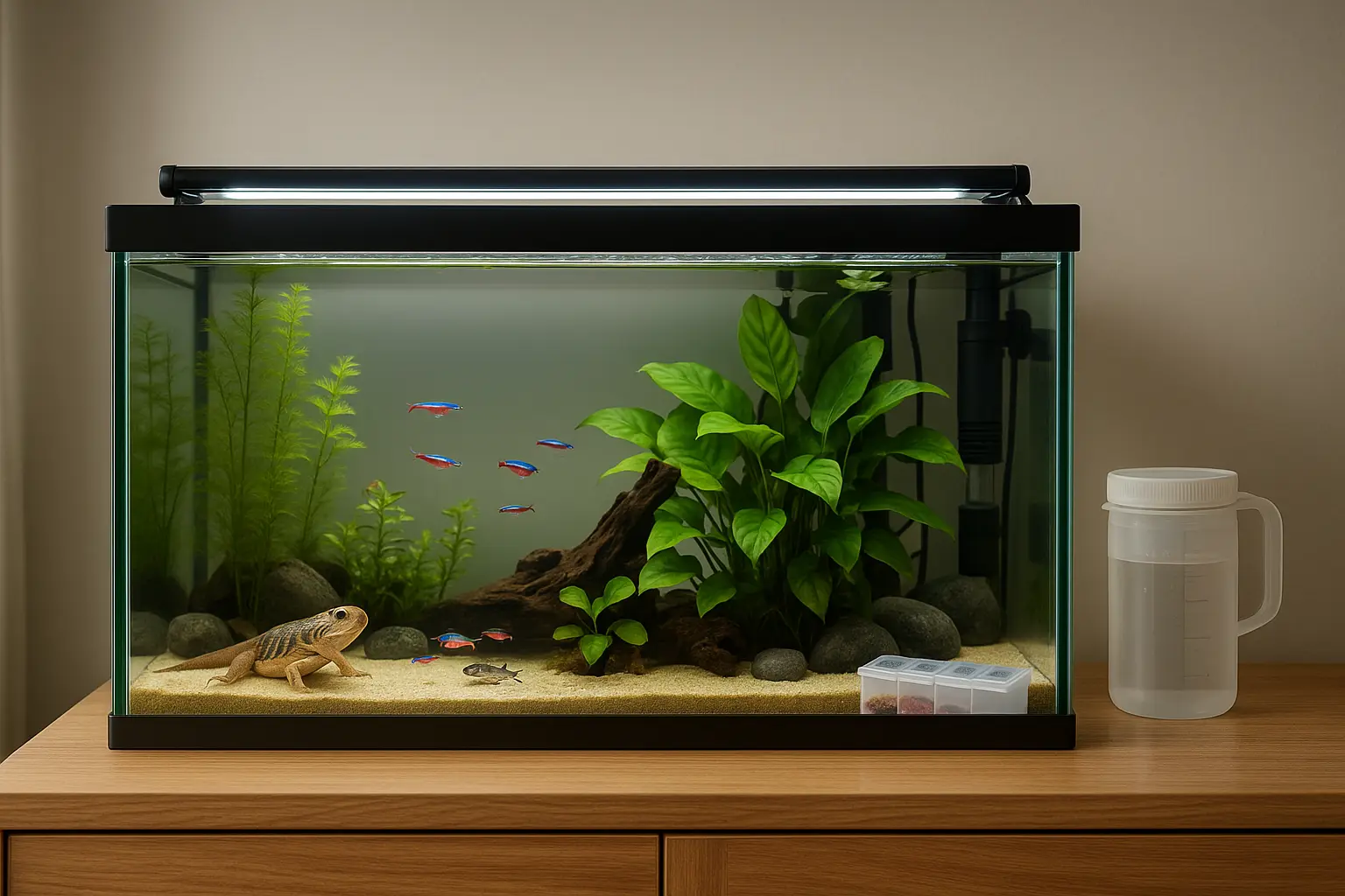 Peaceful planted home aquarium on a wooden cabinet with a neat pre-portioned feeding pillbox