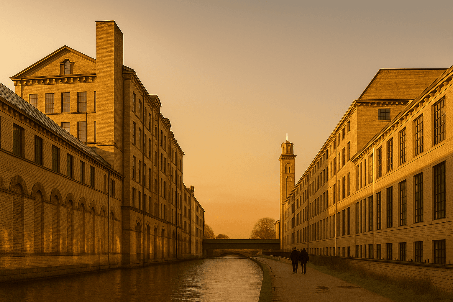 Roberts Park & the Leeds–Liverpool canal by Salts Mill at golden hour