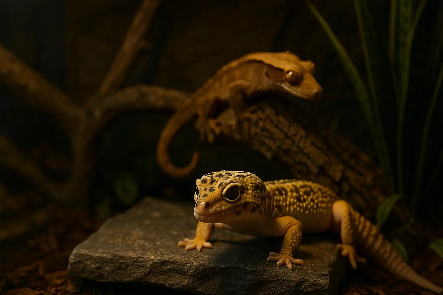 Leopard gecko on slate and crested gecko perched on bark in one frame